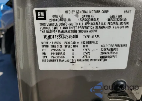 2003 Oldsmobile Bravada из США, поврежденный, VIN 1GHDT13SX32375408